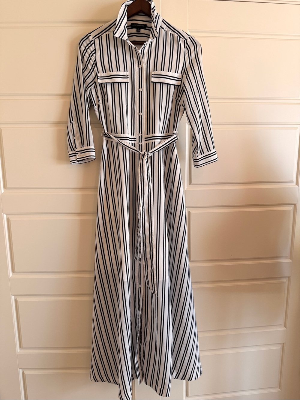 Banana Republic Striped White and Navy Shirt Dress with Tie Waist
